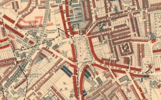 LSE. Booth Archive. Booth map 1898-1900. Tiger Yard- the two dark blue rectangles close to the Post Office, east of Denmark Hill . 